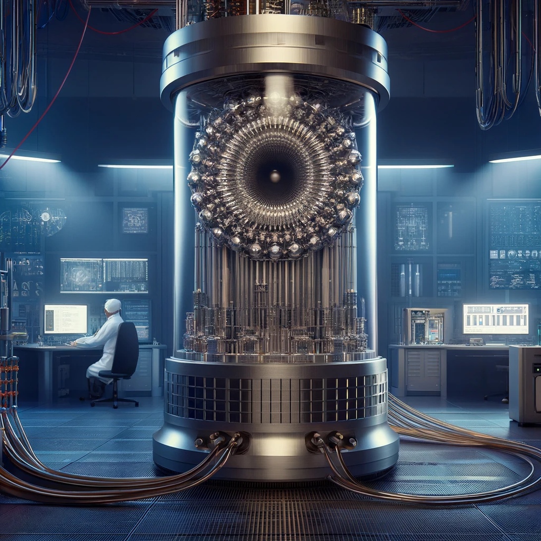 Ein Quantencomputer in einer Laborumgebung mit blauer Beleuchtung und einem Forscher an einer Workstation, was die aktive Forschung symbolisiert.