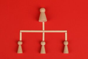 Holzfigur mit drei verbundenen Figuren auf rotem Hintergrund als Netzwerkmodell