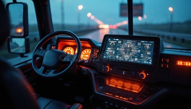 Lkw-Fahrerkabine mit beleuchtetem Telematik- und Navigationsdisplay