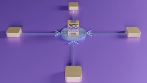 Abstraktes Architekturdiagramm mit zentralem Modul und vier Verbindungen