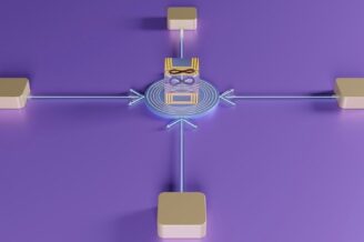 Abstraktes Architekturdiagramm mit zentralem Modul und vier Verbindungen