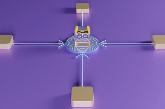 Abstraktes Architekturdiagramm mit zentralem Modul und vier Verbindungen