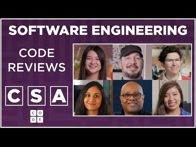 Grafik zu Softwareentwicklung, Code-Reviews und sechs Porträts
